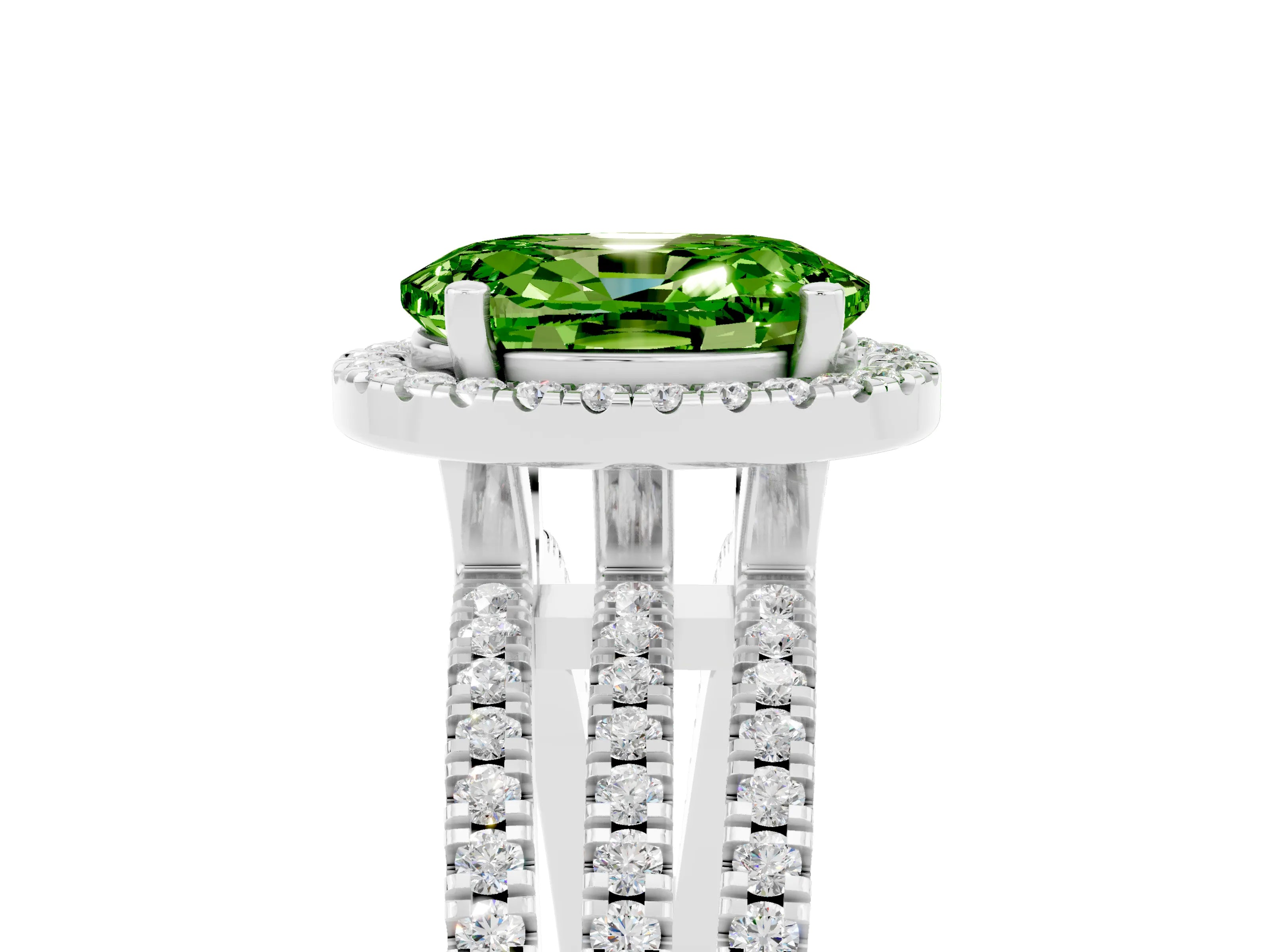 White gold {shape_name} Peridot Halo Engagement Ring with Split Shank and Four-Prong Setting_5