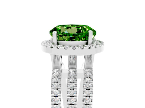 White gold {shape_name} Peridot Halo Engagement Ring with Split Shank and Four-Prong Setting_5
