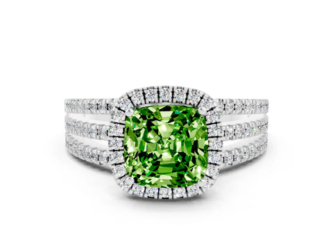 White gold {shape_name} Peridot Halo Engagement Ring with Split Shank and Four-Prong Setting