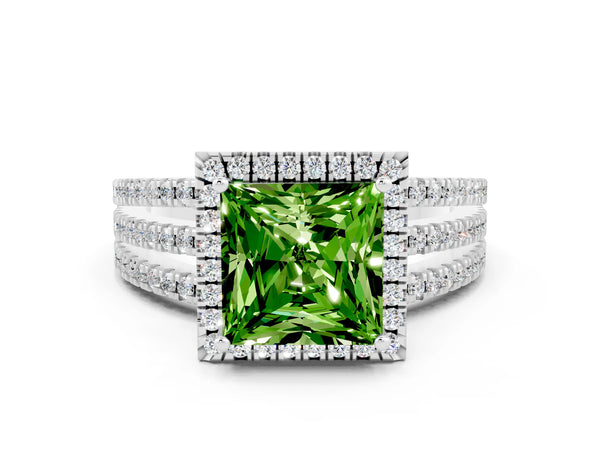 Platinum Princess Cut Peridot Halo Engagement Ring with Split Shank and Four-Prong Setting