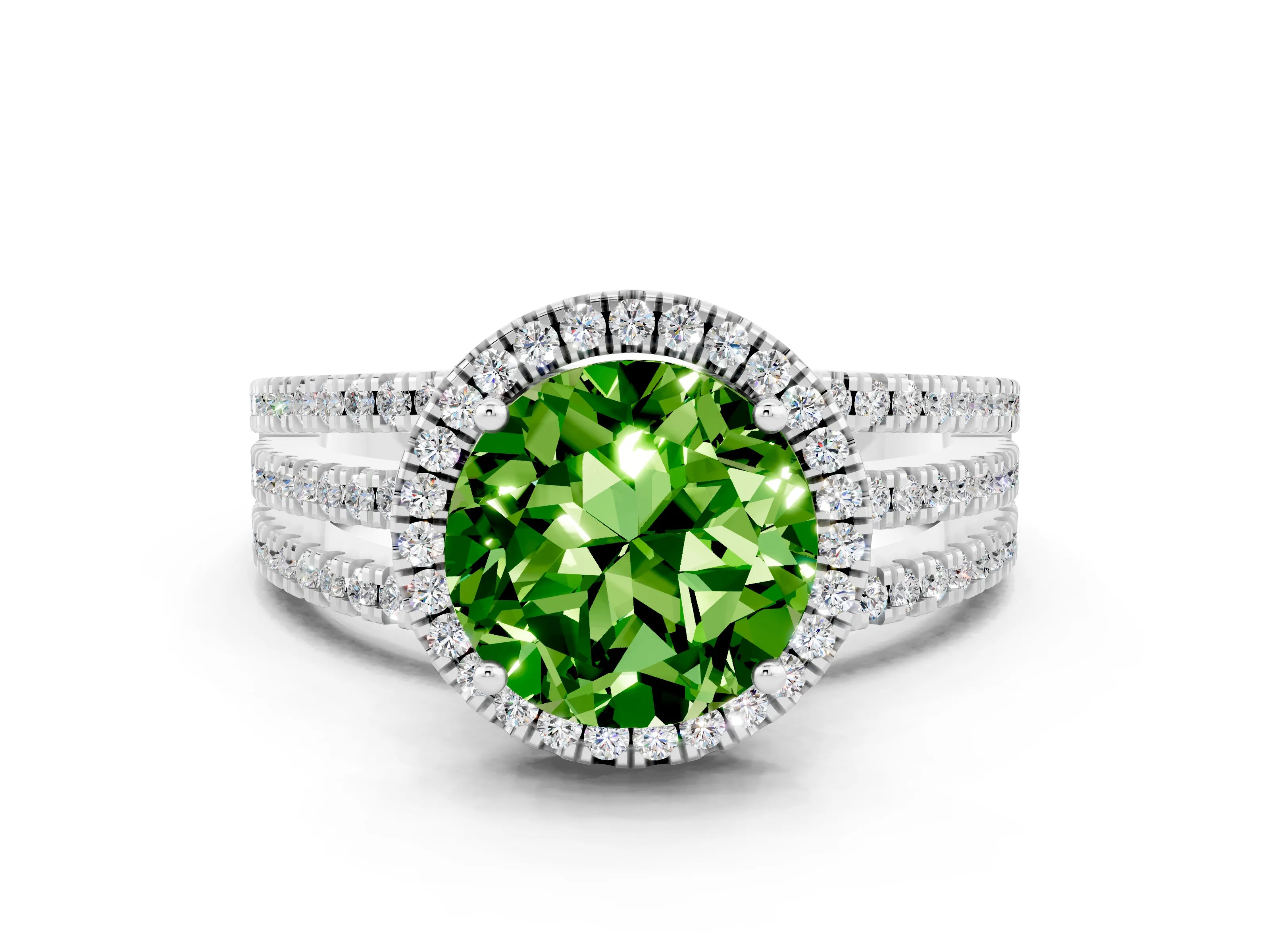 White gold {shape_name} Peridot Halo Engagement Ring with Split Shank and Four-Prong Setting