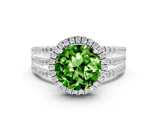 Silver Round Cut Peridot Halo Engagement Ring with Split Shank and Four-Prong Setting