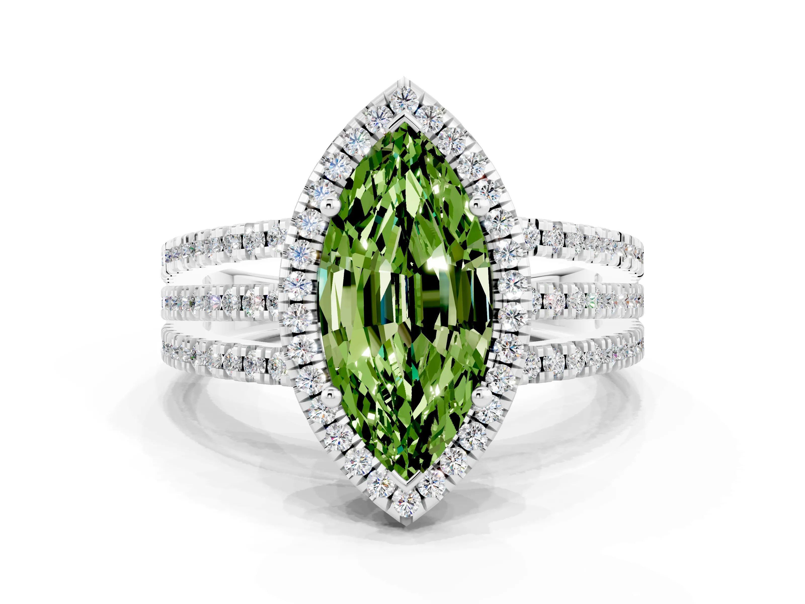 White gold {shape_name} Peridot Halo Engagement Ring with Split Shank and Four-Prong Setting