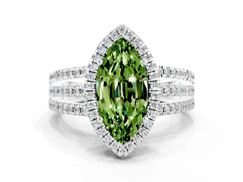 White gold {shape_name} Peridot Halo Engagement Ring with Split Shank and Four-Prong Setting