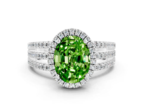 White gold {shape_name} Peridot Halo Engagement Ring with Split Shank and Four-Prong Setting