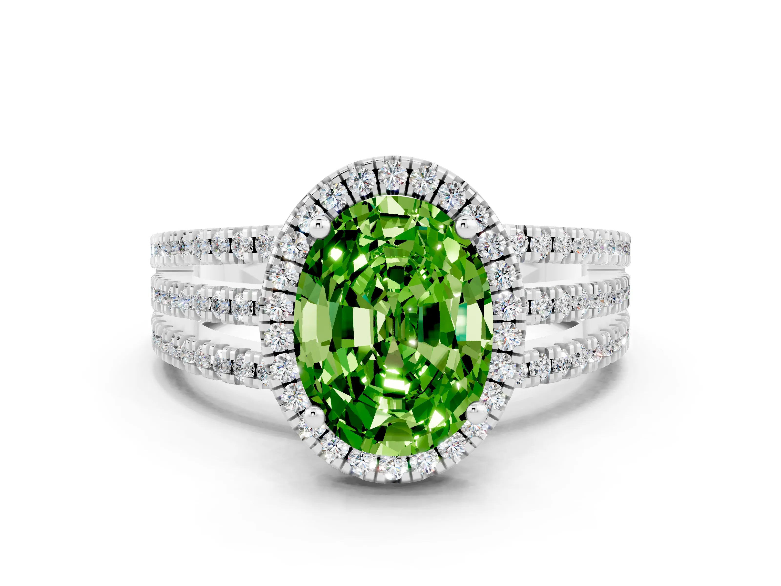 White gold {shape_name} Peridot Halo Engagement Ring with Split Shank and Four-Prong Setting