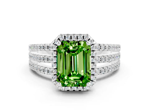 White gold {shape_name} Peridot Halo Engagement Ring with Split Shank and Four-Prong Setting