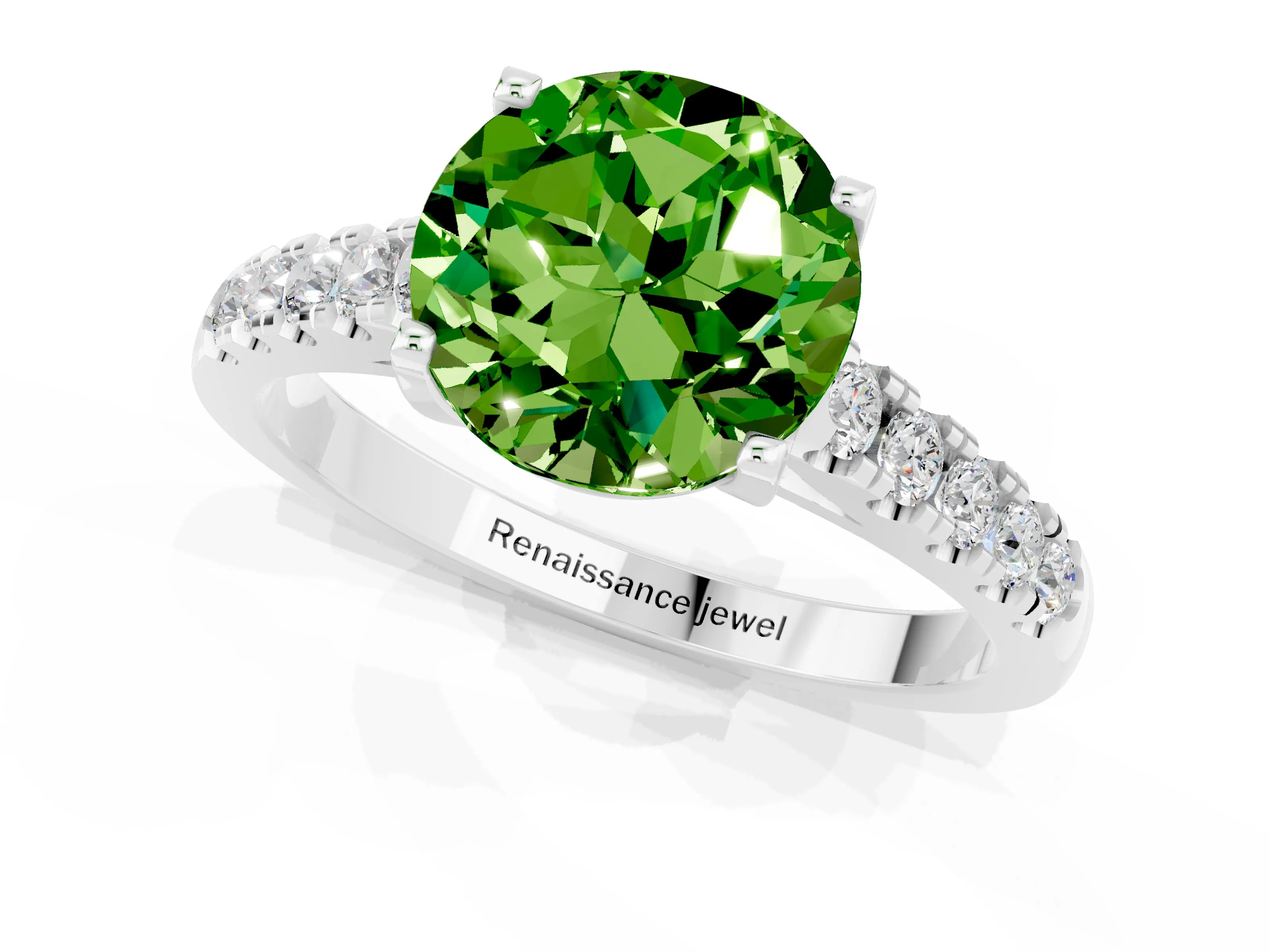 White gold {shape_name} Peridot Solitaire Ring with Pavé Band and Four-Prong Setting_1