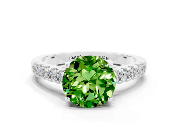 White gold Round Cut Peridot Pavé Band Solitaire Ring with Prong Setting