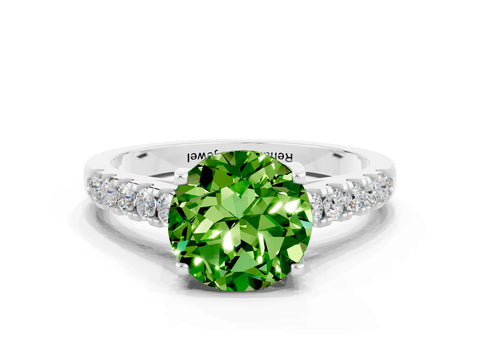 White gold {shape_name} Peridot Solitaire Ring with Pavé Band and Four-Prong Setting_12