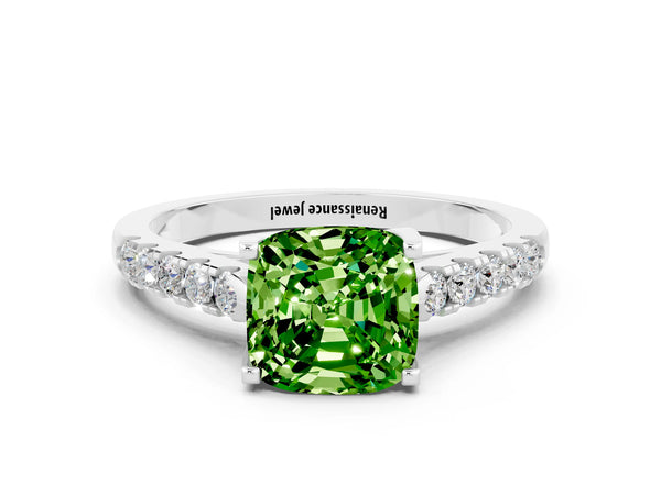 White gold Cushion Cut Peridot Pavé Band Solitaire Ring with Prong Setting