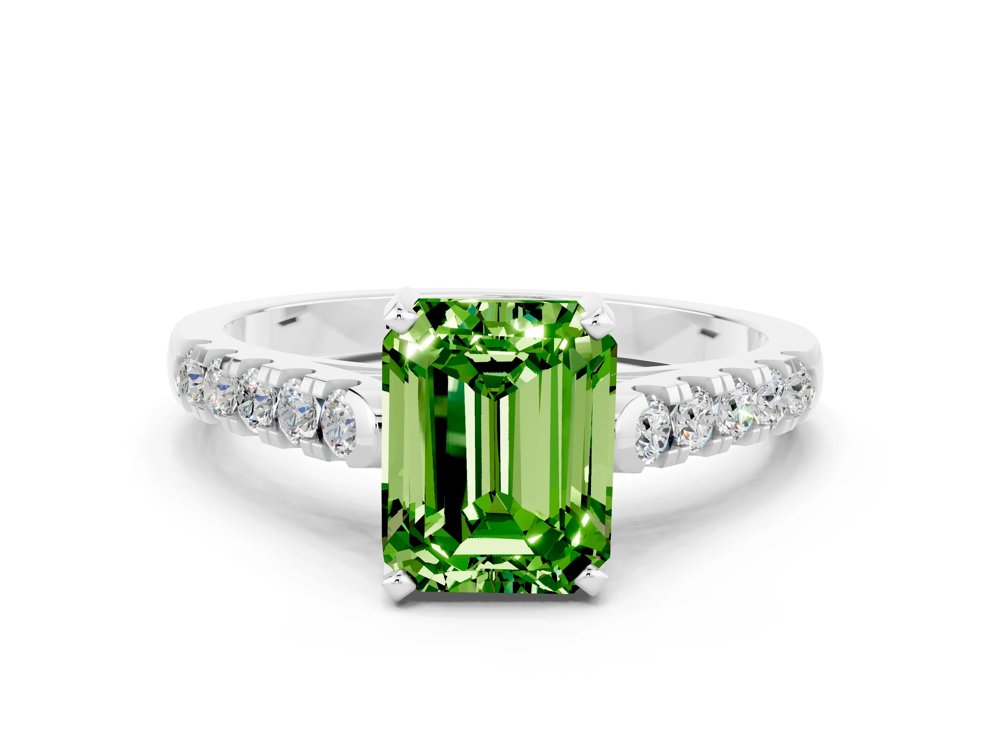 White gold {shape_name} Peridot Solitaire Ring with Pavé Band and Four-Prong Setting_12