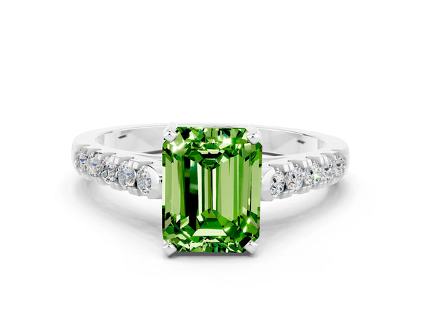 White gold Emerald Cut Peridot Pavé Band Solitaire Ring with Prong Setting