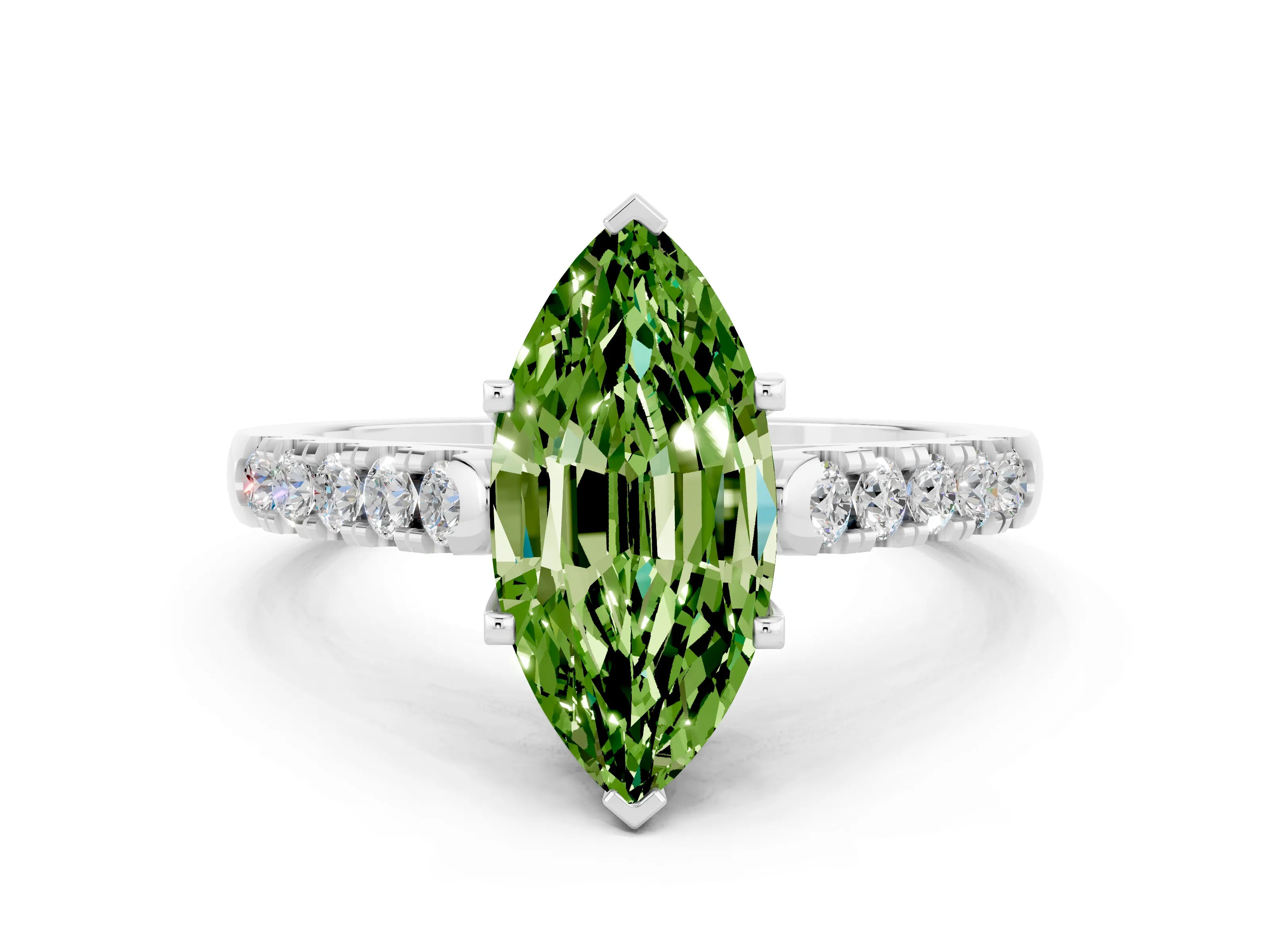 White gold {shape_name} Peridot Solitaire Ring with Pavé Band and Four-Prong Setting_12