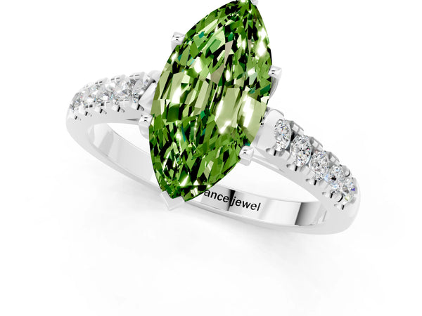 White gold Marquise Cut Peridot Pavé Band Solitaire Ring with Prong Setting