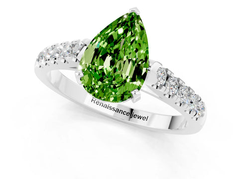 White gold {shape_name} Peridot Solitaire Ring with Pavé Band and Four-Prong Setting_13