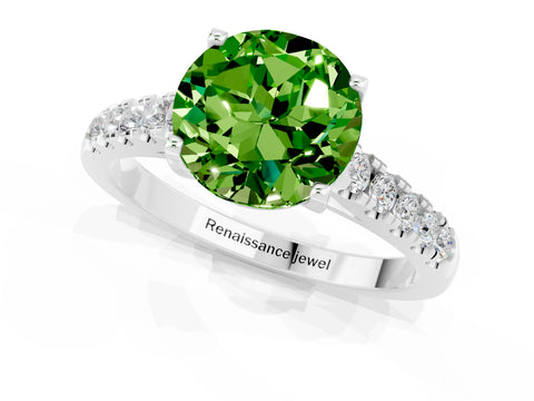 White gold {shape_name} Peridot Solitaire Ring with Pavé Band and Four-Prong Setting_13