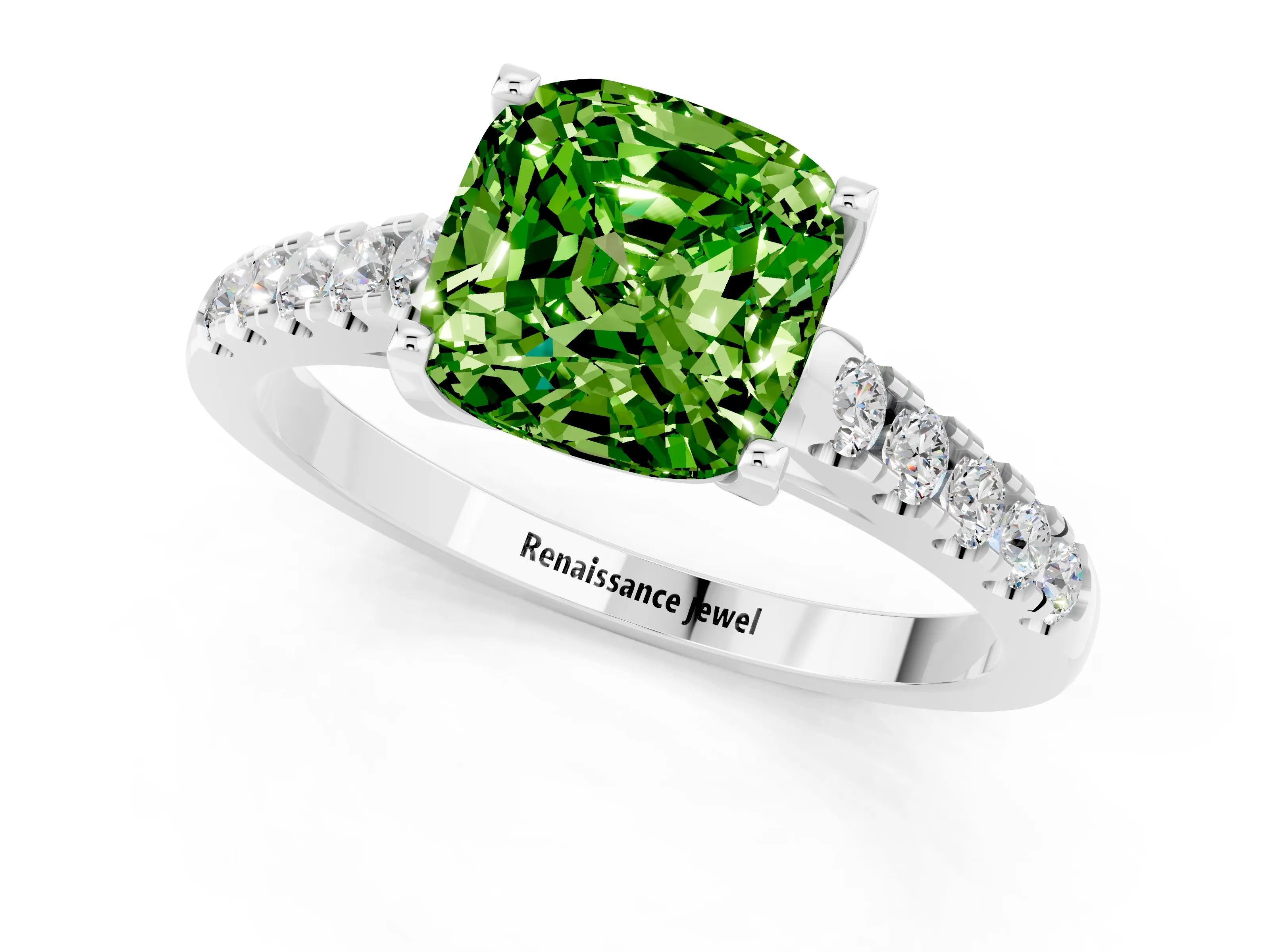 White gold {shape_name} Peridot Solitaire Ring with Pavé Band and Four-Prong Setting_13