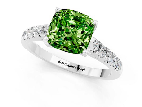 White gold Cushion Cut Peridot Pavé Band Solitaire Ring with Prong Setting