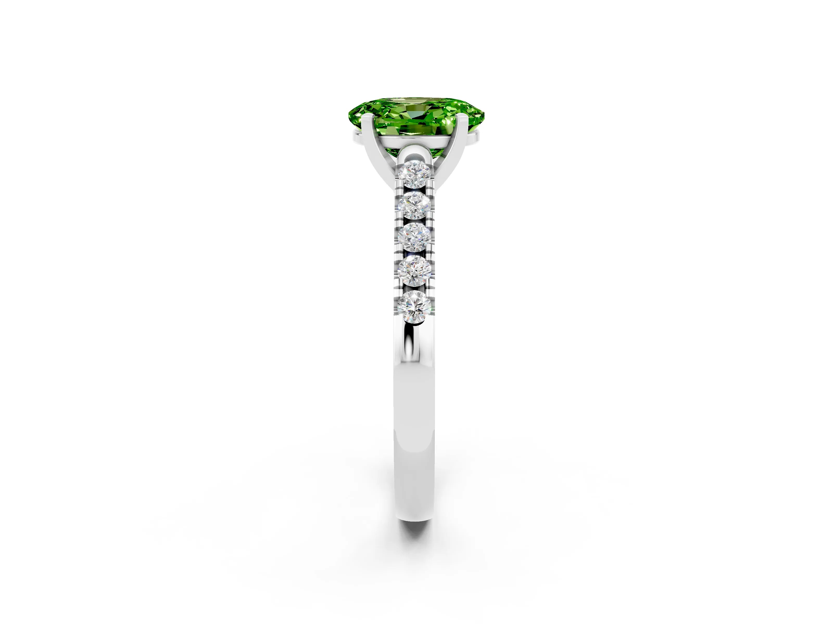 White gold {shape_name} Peridot Solitaire Ring with Pavé Band and Four-Prong Setting_14