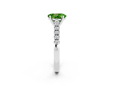 White gold {shape_name} Peridot Solitaire Ring with Pavé Band and Four-Prong Setting_14