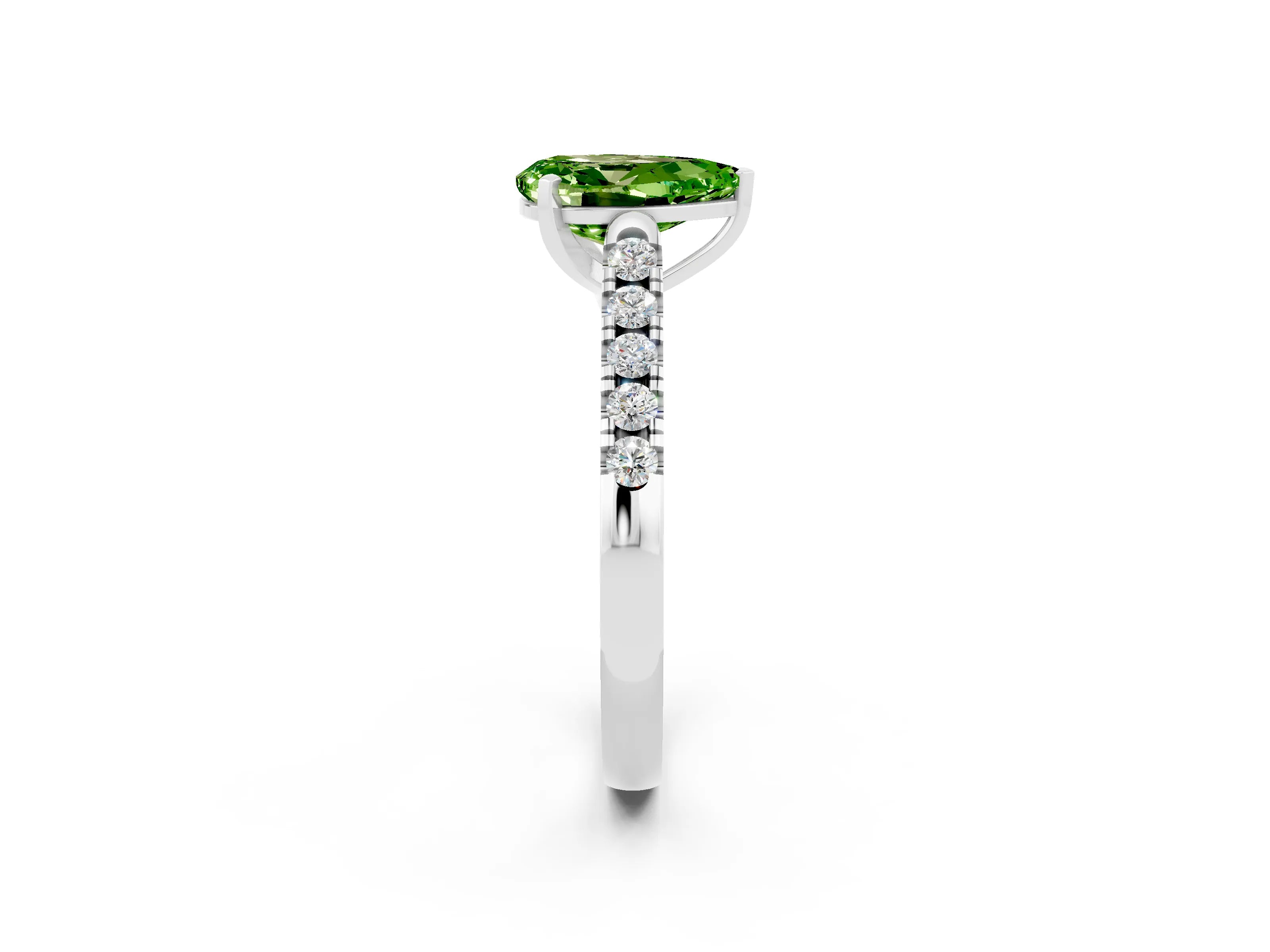 White gold {shape_name} Peridot Solitaire Ring with Pavé Band and Four-Prong Setting_14