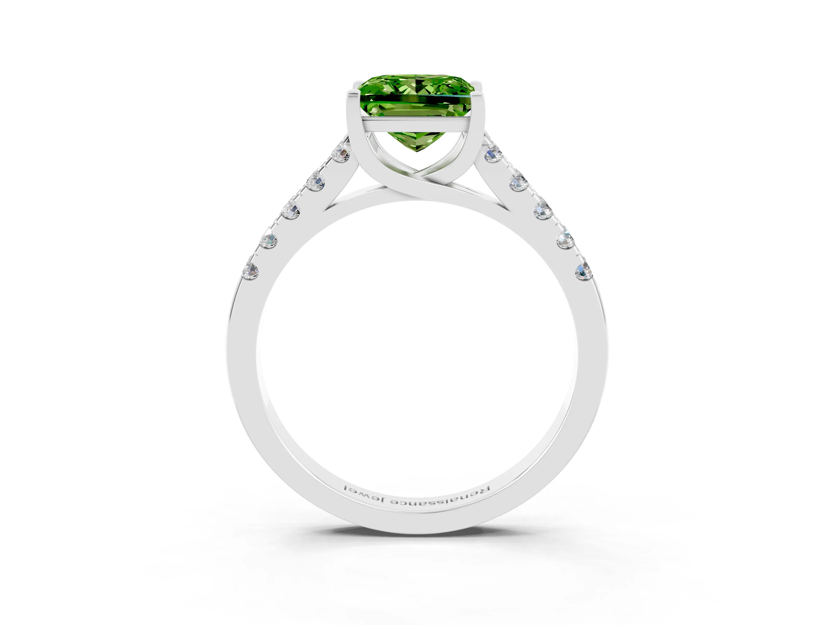 White gold {shape_name} Peridot Solitaire Ring with Pavé Band and Four-Prong Setting_15