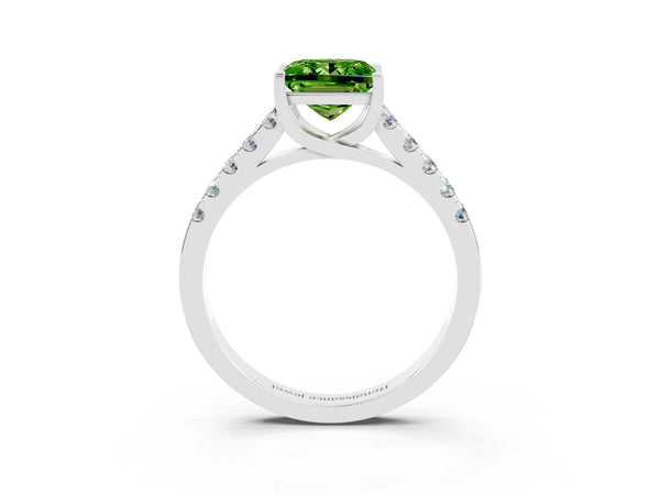 White gold Princess Cut Peridot Pavé Band Solitaire Ring with Prong Setting