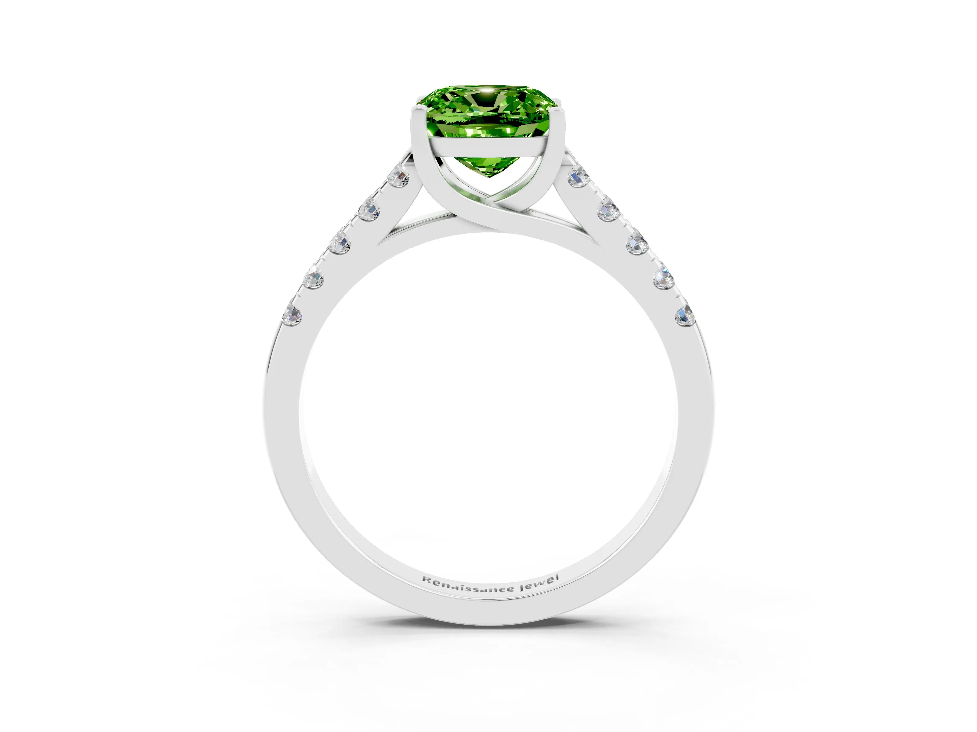White gold {shape_name} Peridot Solitaire Ring with Pavé Band and Four-Prong Setting_15