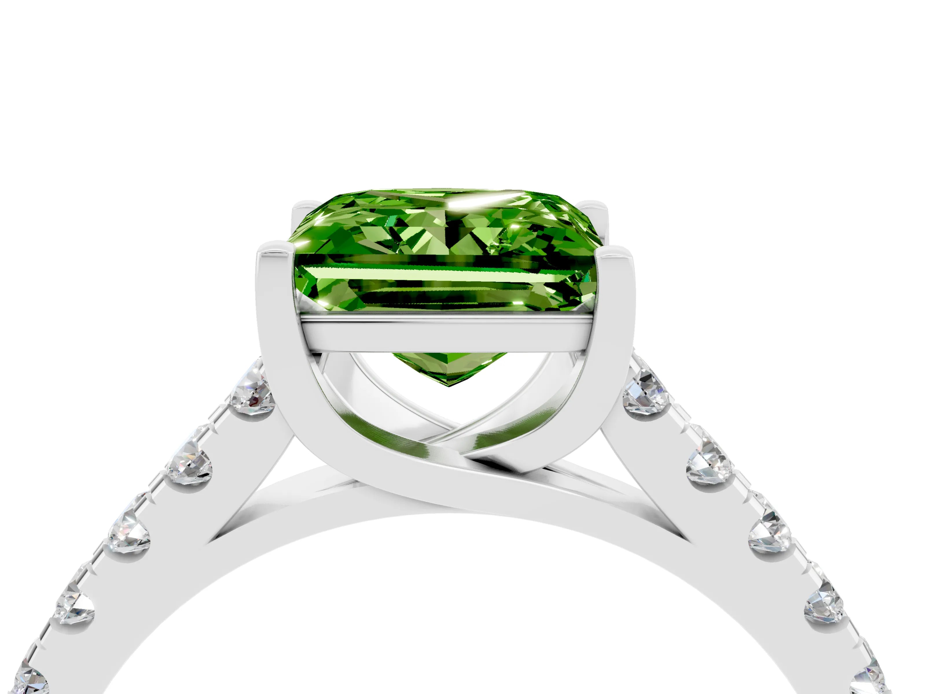 White gold {shape_name} Peridot Solitaire Ring with Pavé Band and Four-Prong Setting_16