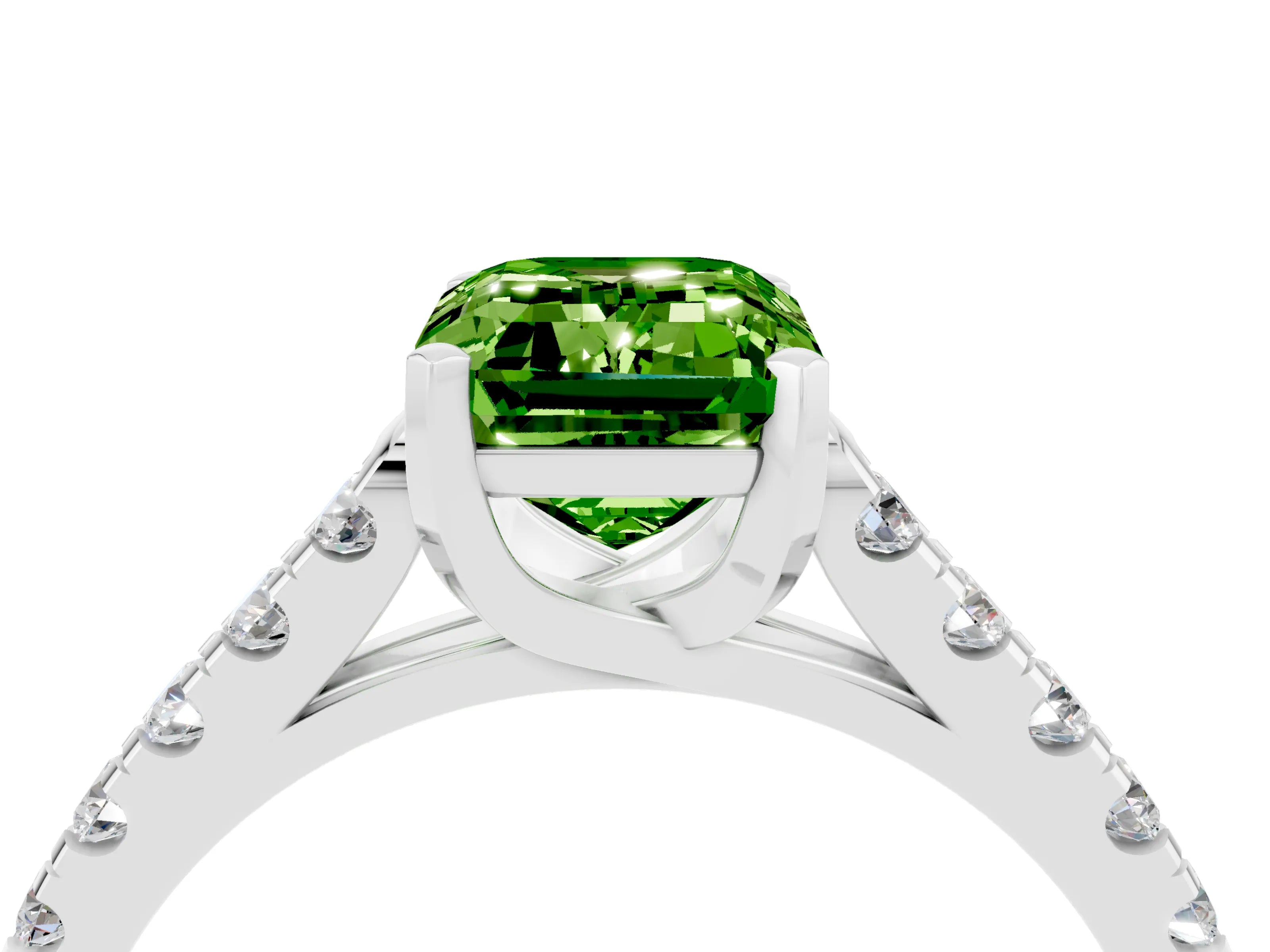 White gold {shape_name} Peridot Solitaire Ring with Pavé Band and Four-Prong Setting_16