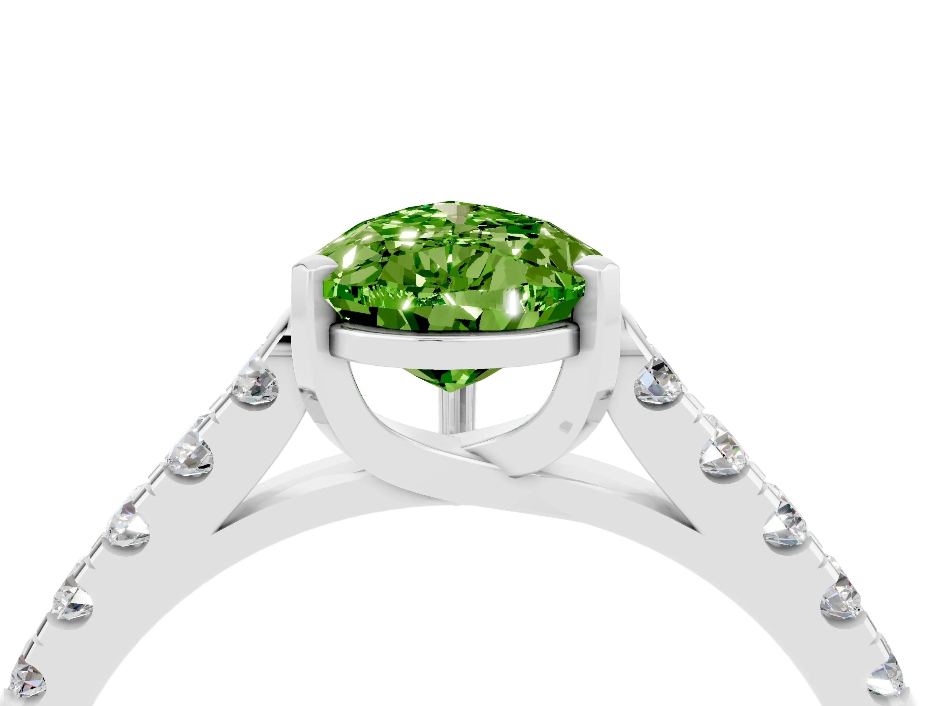 White gold {shape_name} Peridot Solitaire Ring with Pavé Band and Four-Prong Setting_16