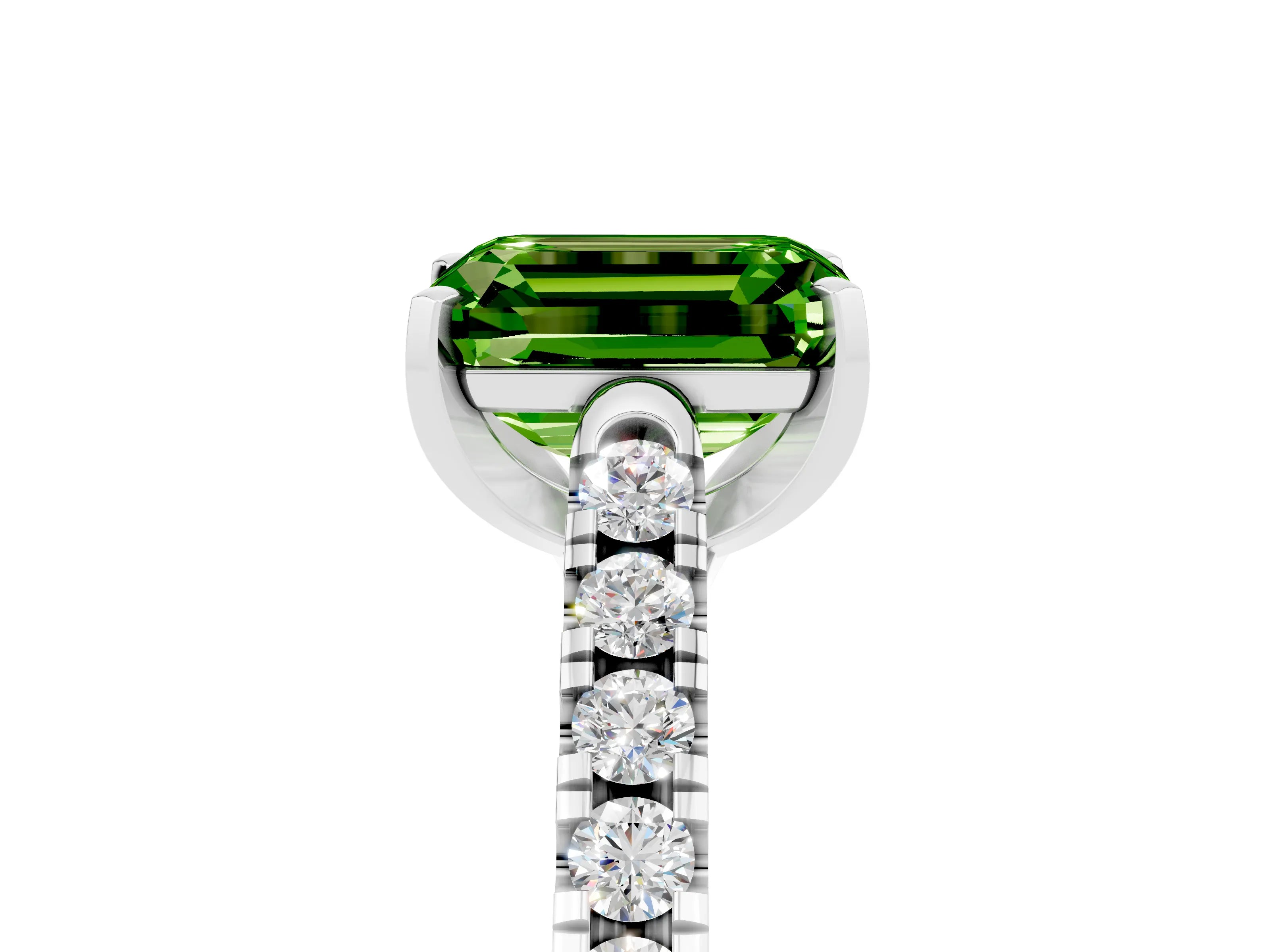 White gold {shape_name} Peridot Solitaire Ring with Pavé Band and Four-Prong Setting_17