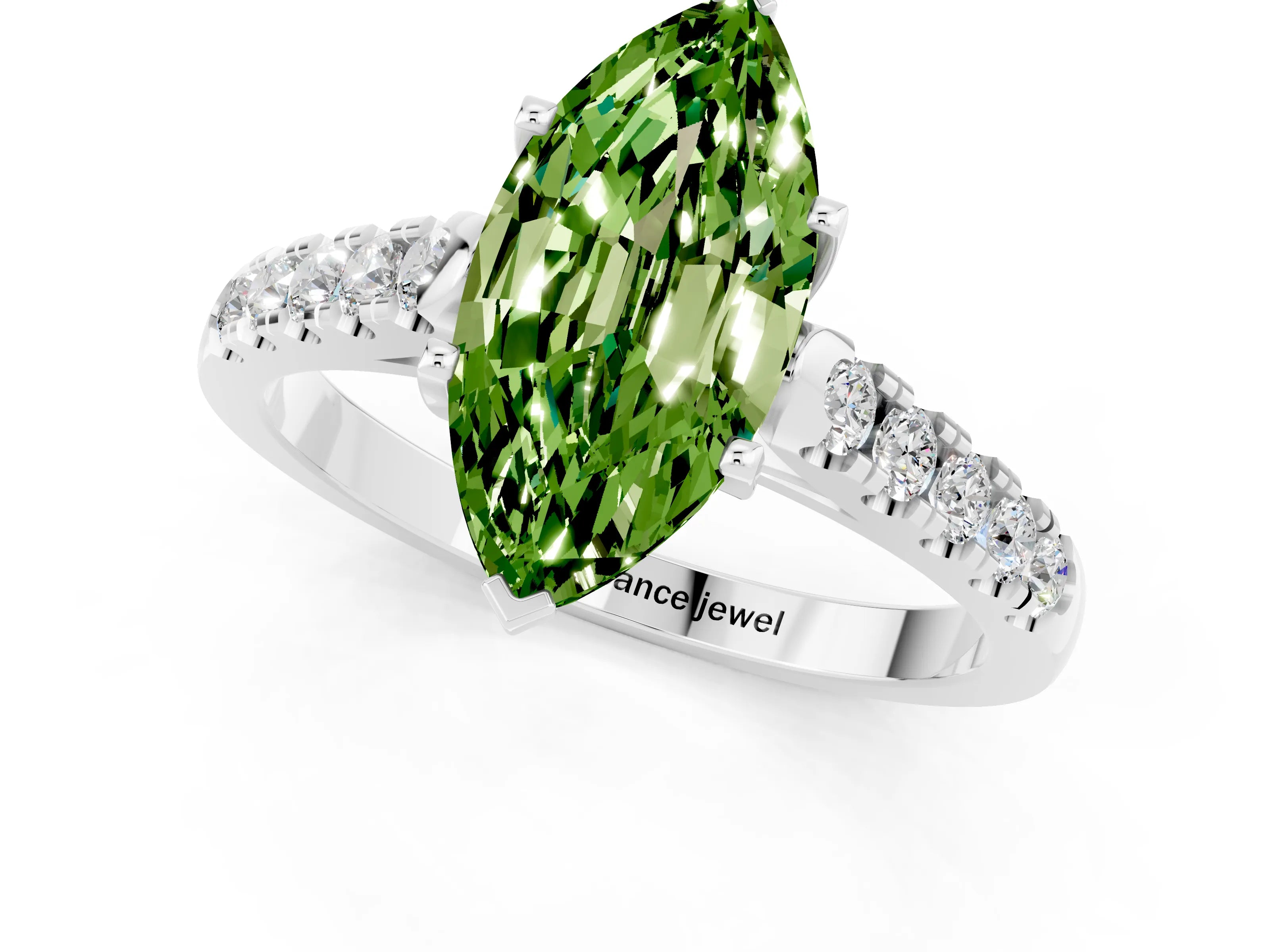 White gold {shape_name} Peridot Solitaire Ring with Pavé Band and Four-Prong Setting_1
