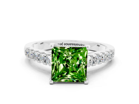White gold {shape_name} Peridot Solitaire Ring with Pavé Band and Four-Prong Setting