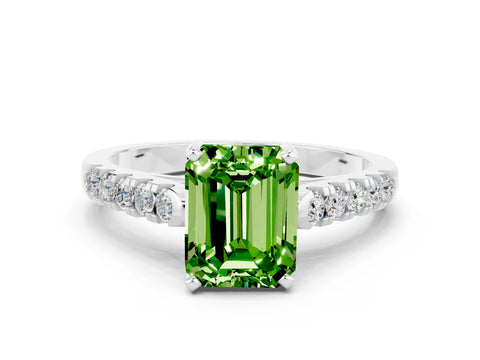 White gold {shape_name} Peridot Solitaire Ring with Pavé Band and Four-Prong Setting