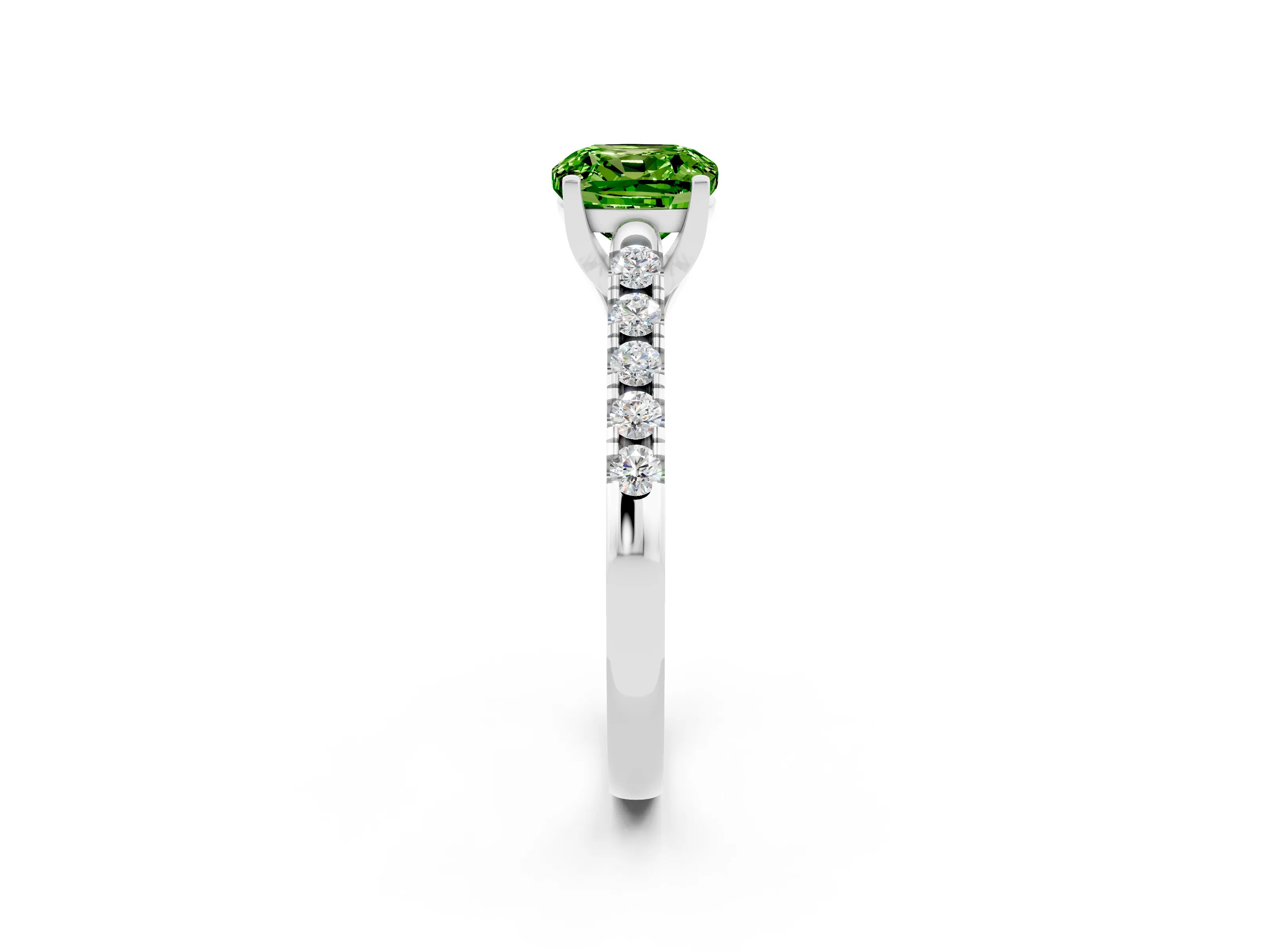 White gold {shape_name} Peridot Solitaire Ring with Pavé Band and Four-Prong Setting_2