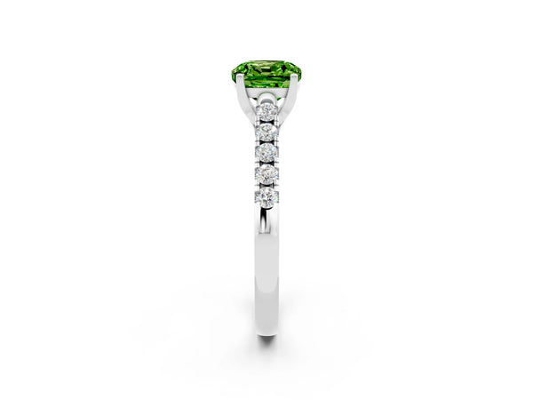 Silver Cushion Cut Peridot Pavé Band Solitaire Ring with Prong Setting