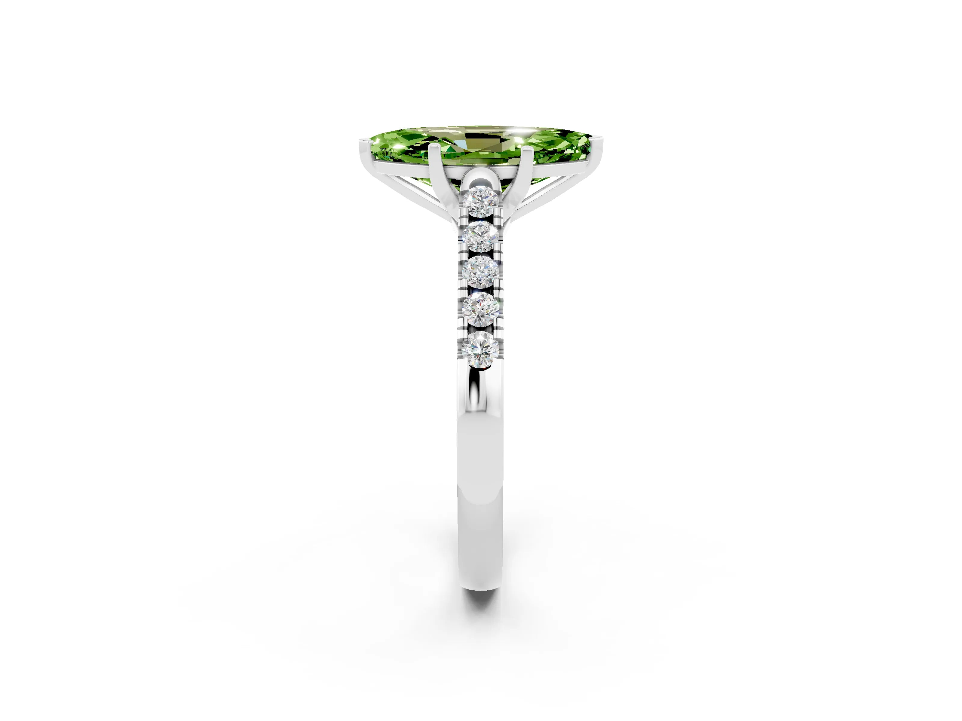 White gold {shape_name} Peridot Solitaire Ring with Pavé Band and Four-Prong Setting_2