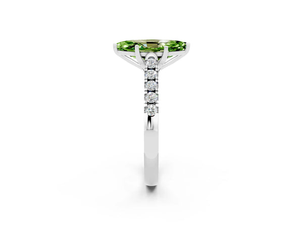 Silver Marquise Cut Peridot Pavé Band Solitaire Ring with Prong Setting