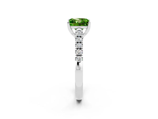 Silver Princess Cut Peridot Pavé Band Solitaire Ring with Prong Setting