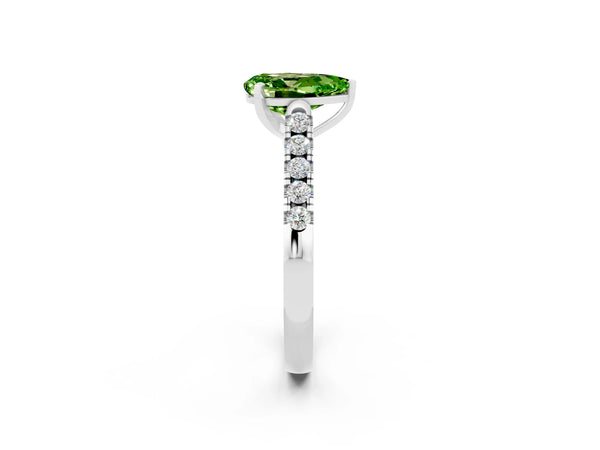 Platinum Pear Cut Peridot Pavé Band Solitaire Ring with Prong Setting