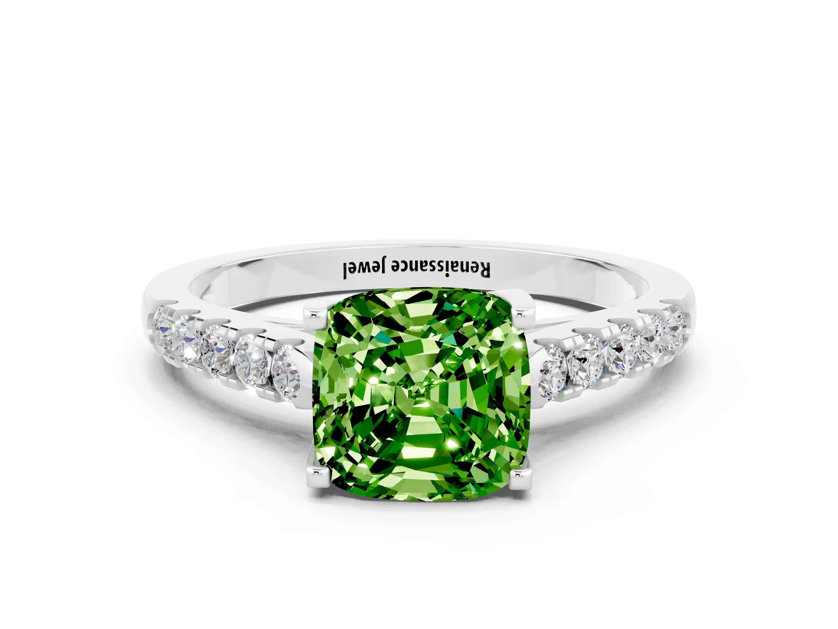 White gold {shape_name} Peridot Solitaire Ring with Pavé Band and Four-Prong Setting