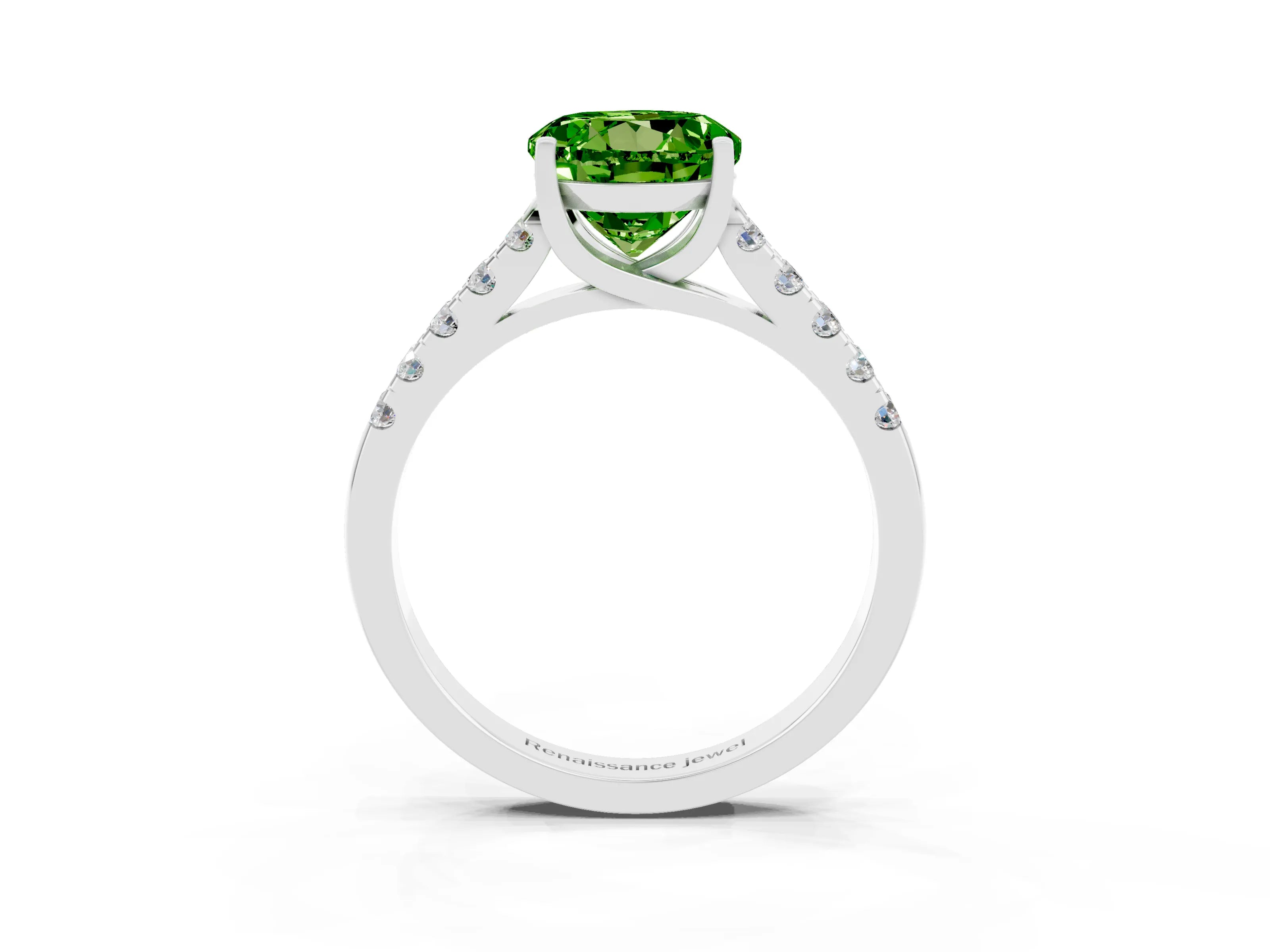 White gold {shape_name} Peridot Solitaire Ring with Pavé Band and Four-Prong Setting_3