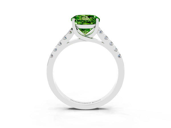 Silver Round Cut Peridot Pavé Band Solitaire Ring with Prong Setting