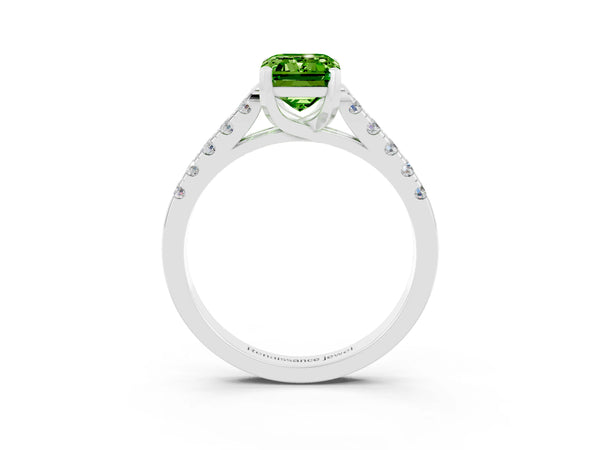 Platinum Emerald Cut Peridot Pavé Band Solitaire Ring with Prong Setting