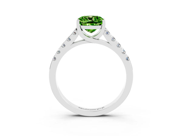 Silver Cushion Cut Peridot Pavé Band Solitaire Ring with Prong Setting