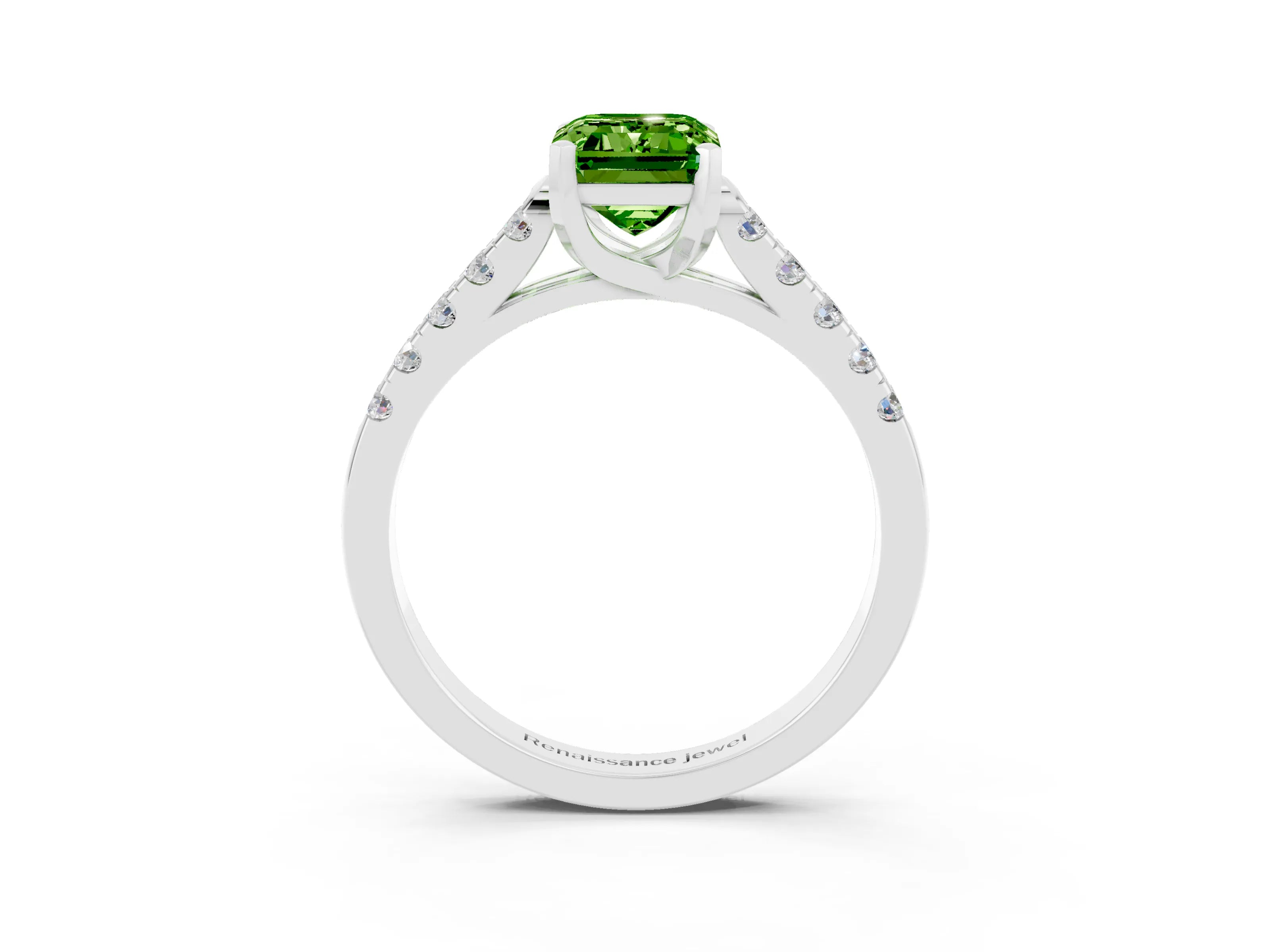 White gold {shape_name} Peridot Solitaire Ring with Pavé Band and Four-Prong Setting_3