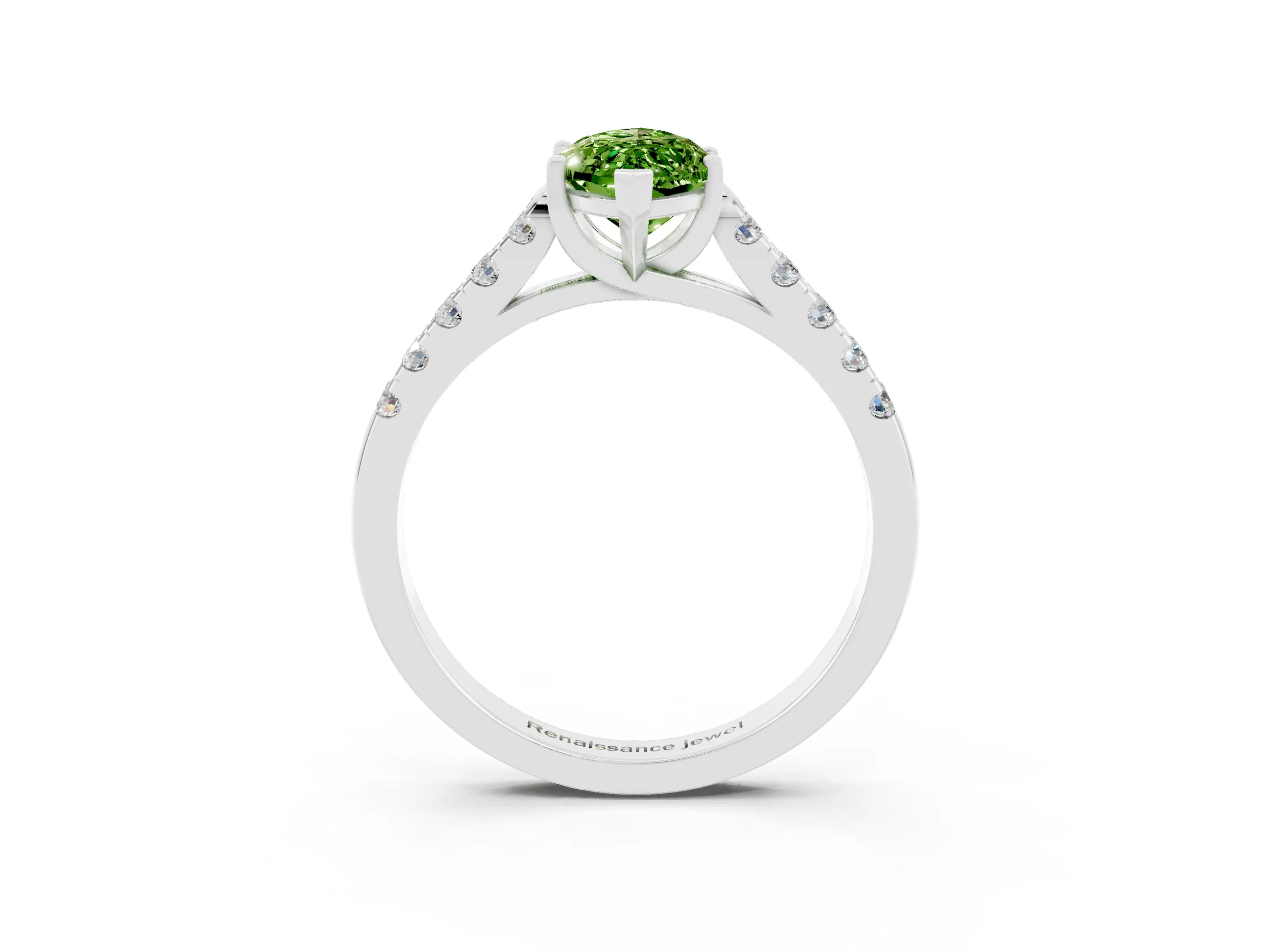 White gold {shape_name} Peridot Solitaire Ring with Pavé Band and Four-Prong Setting_3
