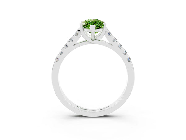 Platinum Marquise Cut Peridot Pavé Band Solitaire Ring with Prong Setting